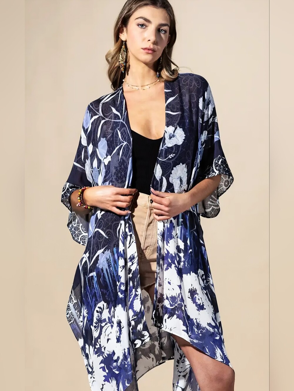 1158 Blue Floral Open-Front Kimono